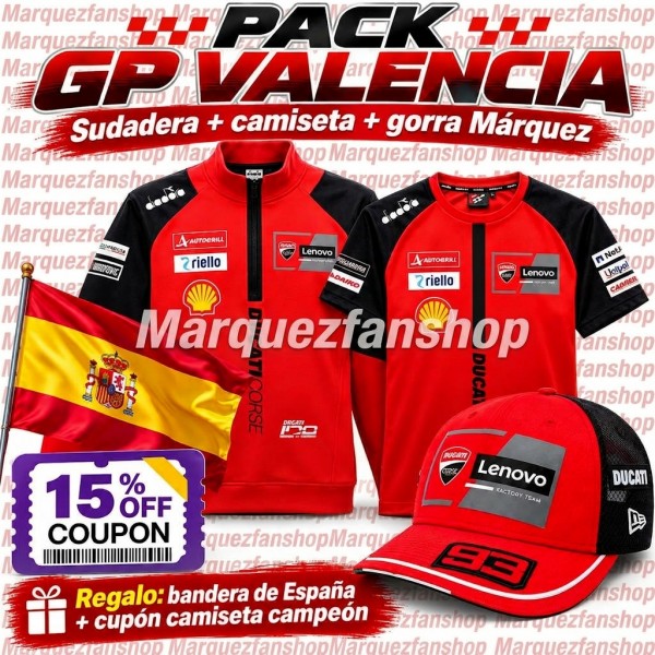 Valencia GP Pack: Cap + Sweatshirt + Official Ducati 2026 T-shirt.